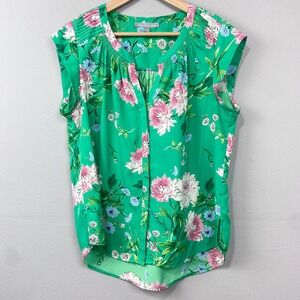 Daniel Rainn Floral Top Sz L Green Cap Sleeve Pleated Blouse‎ Summer Garden Muse